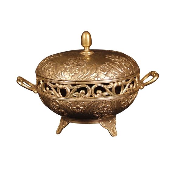 Vintage Footed Candy Bowl With Lid, Holiday Imports, Flower and Scroll - Picture 1 of 8